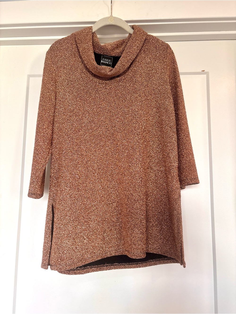 Coco Bianco Gold Metallic Shimmer 3/4 Sleeve Cowl Neck Stretch Tunic Top- Sz L